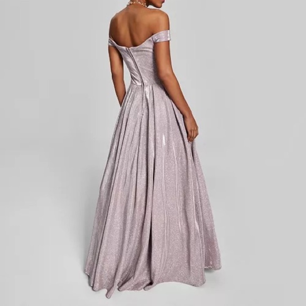 Off-The-Shoulder Glitter Gown.